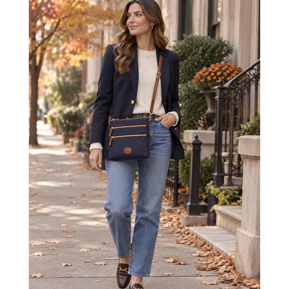 Dooney & Bourke Navy Nylon Triple Zip Crossbody Leather Travel Bag XB298NV